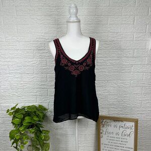 Women's M Ecote tank top blouse black pink floral embroidered